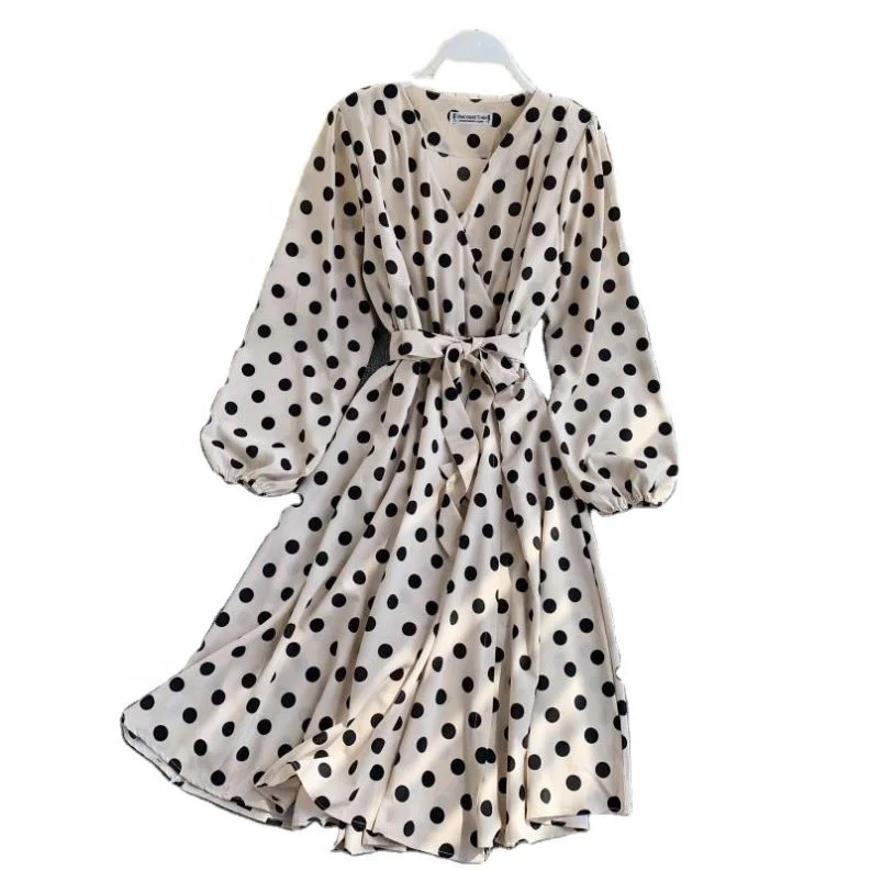 Fall Korean Style Women Polka Dot Midi Dress In Hot Sashes Vintage Elegant Long Sleeve Green Dress Ladies Dresses