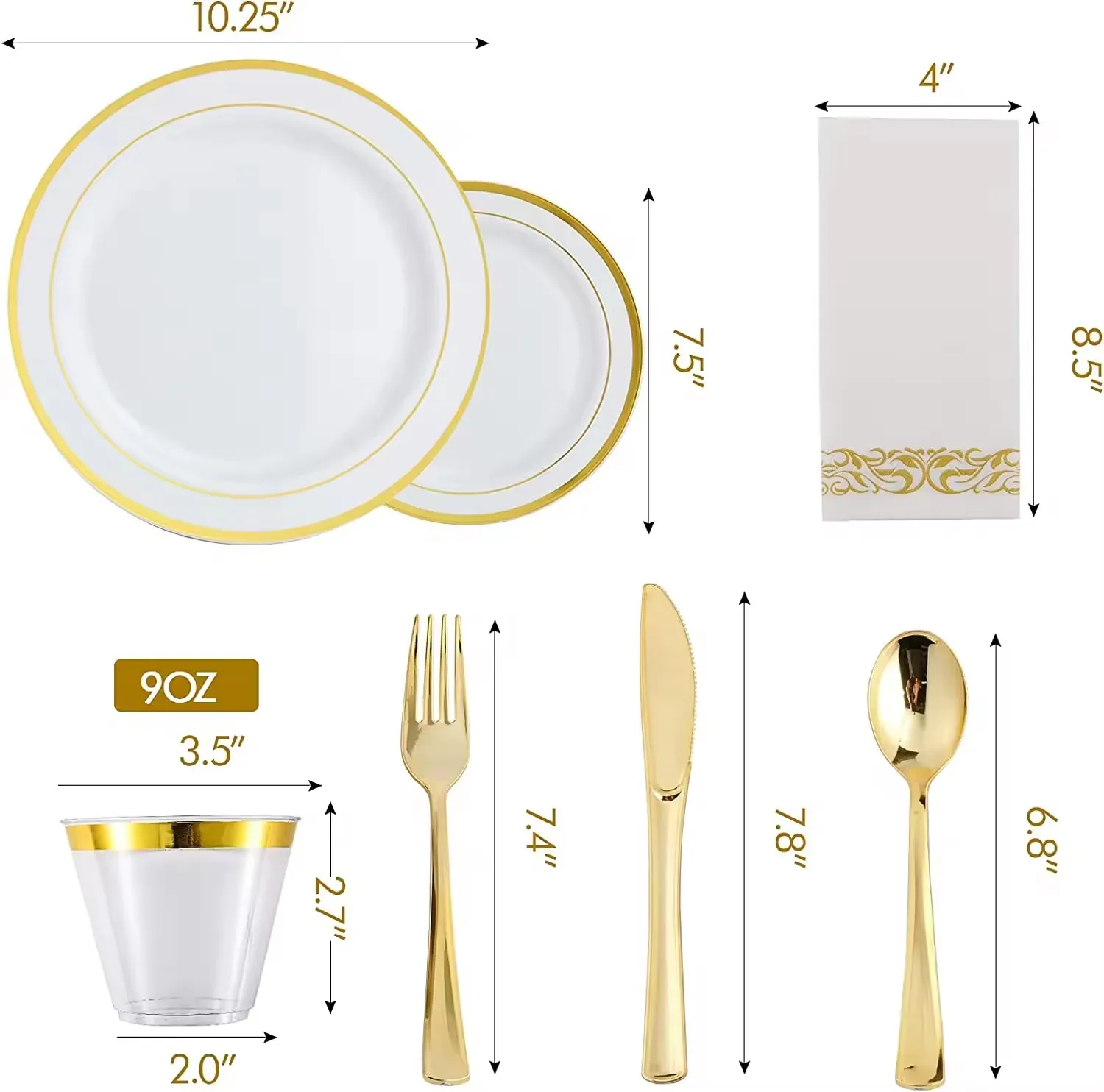 wedding party gold/silver/rose gold color custom plastic plates sets and tableware cutlery