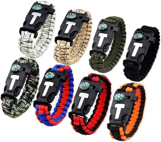 Adjustable Bracelet Compass Hiking Survival Whistle Loud, Emergency Fire Starter Kit, Camping Accessories Fishing