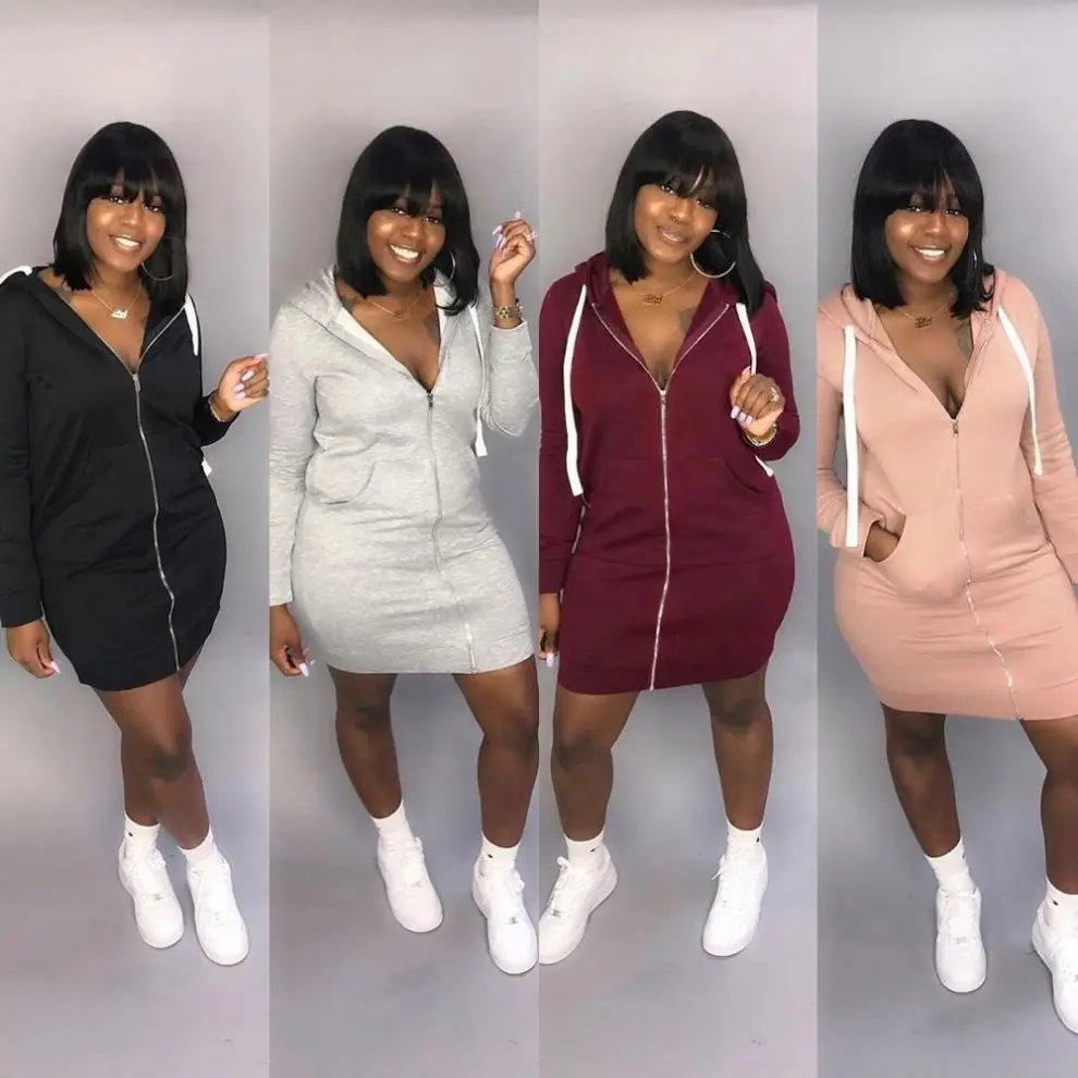 
hoodies sexy casual bodycon solid color mini dress A line long sleeve fall fleece clothing manufacturers womens clothing 