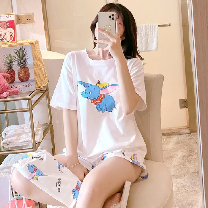 Cute pajamas female summer Korean cartoon short-sleeved shorts  Spandex Cotton pajamas to send bags
