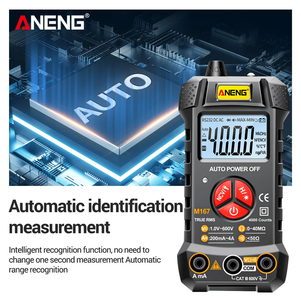 ANENG M167 Digital Mini Multimeter Tester Auto Multimetro True Rms Tranistor Meter with NCV Data Hold 4000counts Flashlight