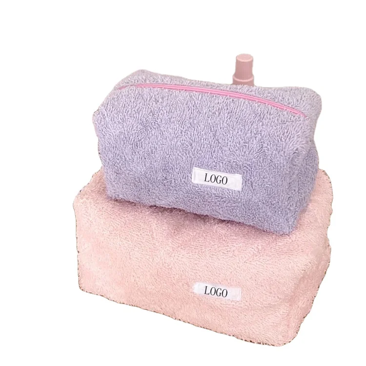 Custom Size Eco Friendly Terry Cloth Towel Women travel cosmetic bag Pink Quilting Terry Cotton Makeup Pouch