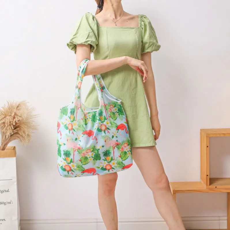 Custom Printing Logo Ripstop Machine Washable 190T Polyester Grocery Folding Tote Bag Reusable Rpet Foldable Shopping Bag