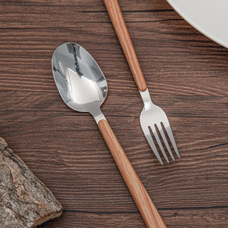 Wooden color plastic handle fork spoon knife dinner stainless steel flatware set for restaurant party hotel