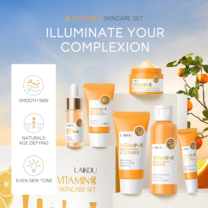 Private Label Unisex Turmeric Vitamin C Skin Care Set Whitening Lightening Face Cream Toner Serum Facial Cleanser Niacinamide