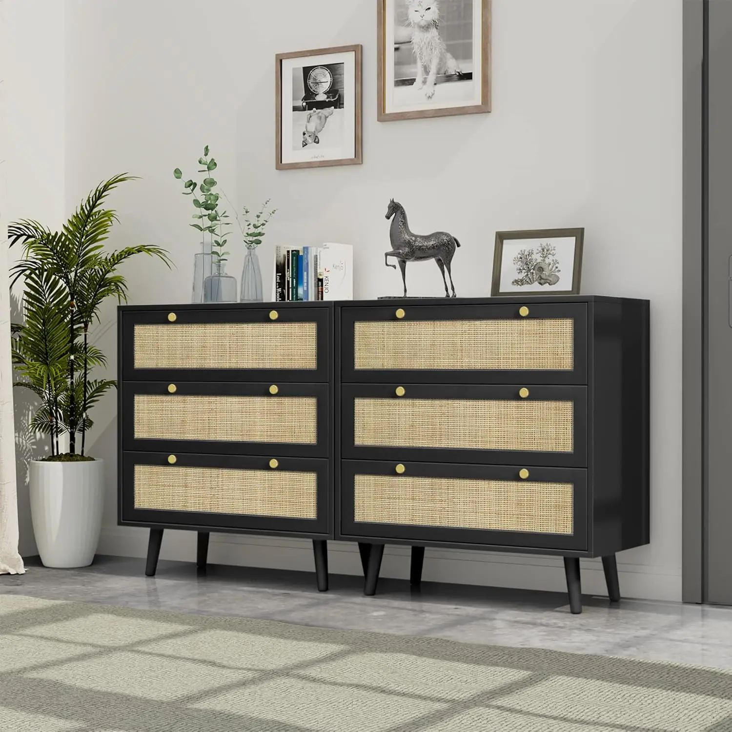 FONDLIVE Modern Black Wood 3 Drawer Spacious Storage Rattan Dresser for Bedroom