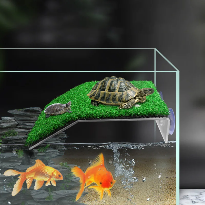 Tortoise Drying Platform Turtle Rest Floating Basking Platform Simulated Lawn Landscaping with Suction Cup Fish Tank Decoration