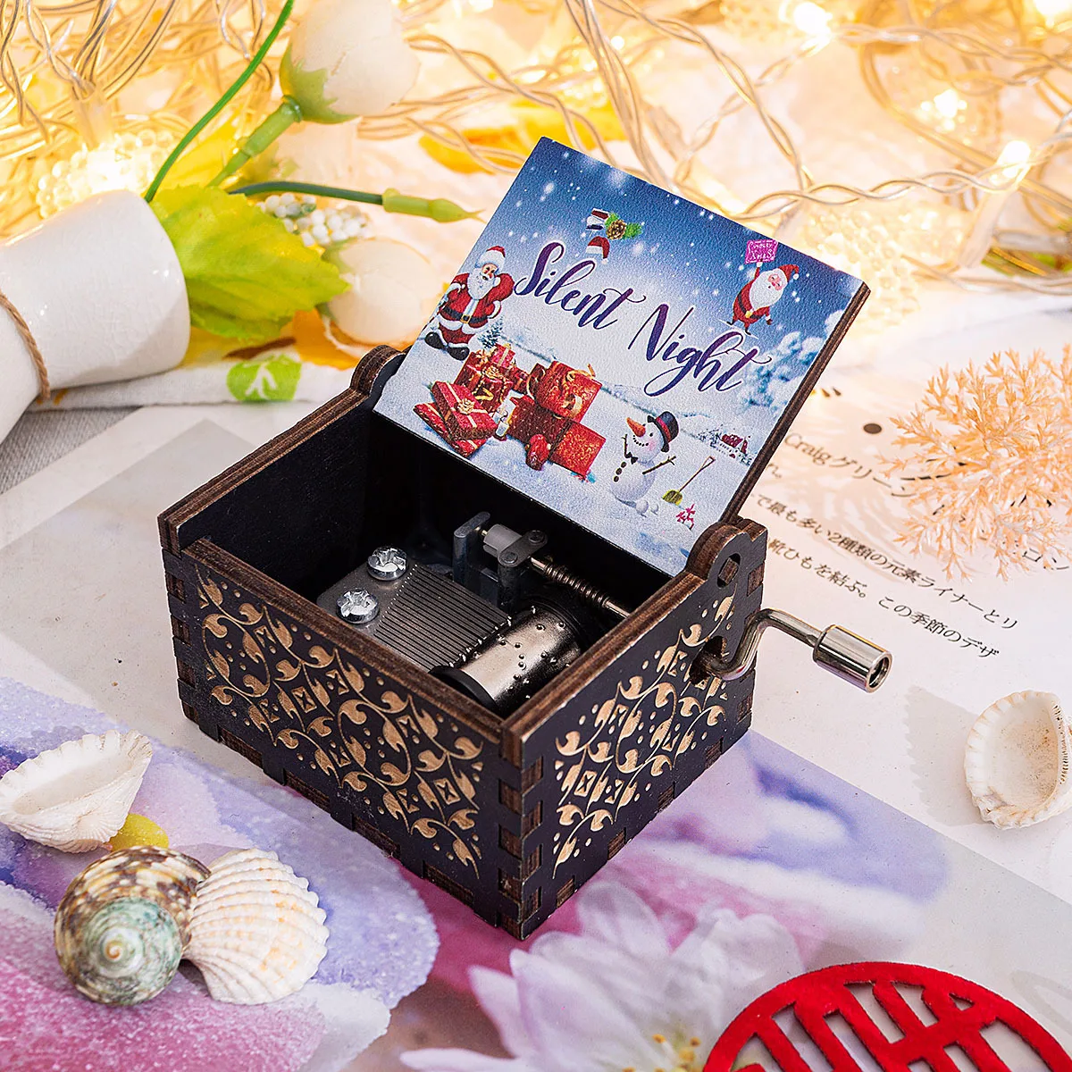 39 designs Popular Gift Melody Hand Crank Laser Engraved Hand Crank Wooden Christmas Day Music box