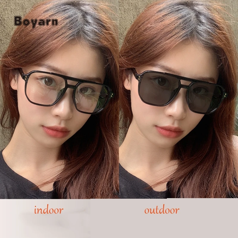 Boyarn New Anti-Blue Light Glasses Photochromic Gradient Gray Eye Frame Double Beam Tr90 Frame Uv400 Sunglasses Shades