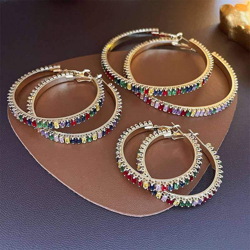 Needle Colorful Zircon Big Hoop Earrings Women Fashion Cz Circle Earrings Jewelry for Gift Shiny Statement S925 Silver Trendy