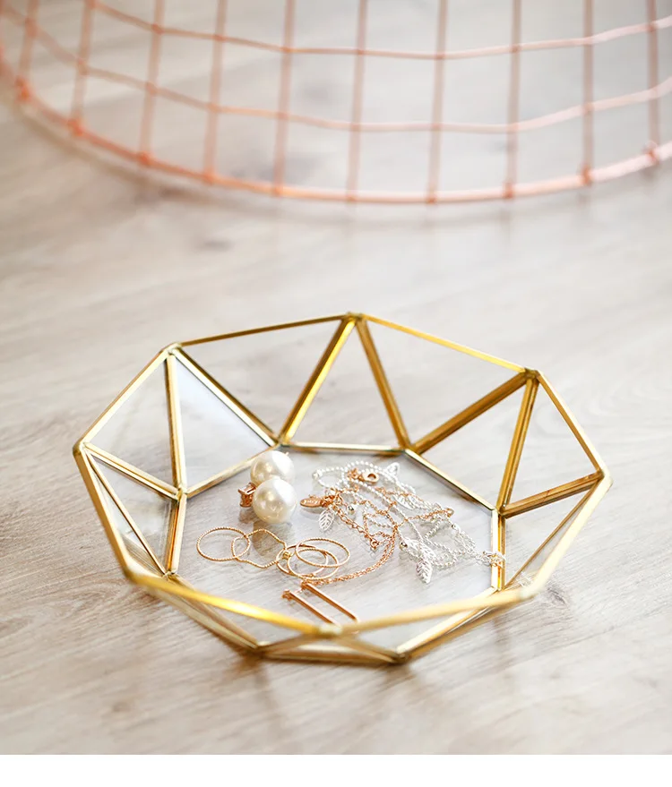 INS style jewelry cosmetic storage tray dessert tray geometric copper strip glass tray
