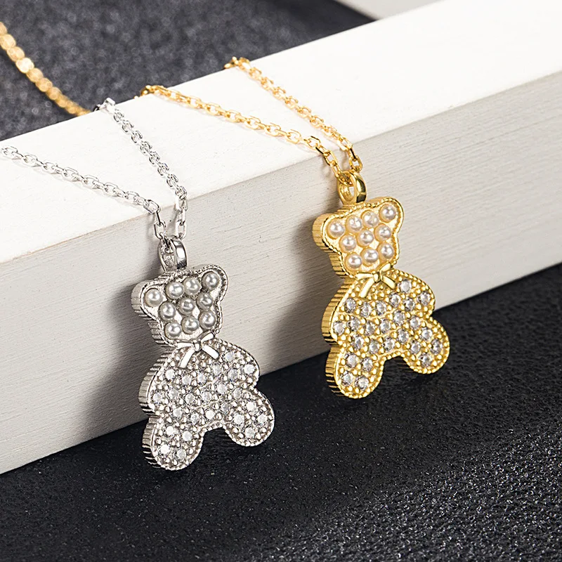 Charm Fashion S925 Sterling Silver Exquisite Zircon Pearl Bear Pendant Necklace Female Ins Simple Retro Pendant Necklace