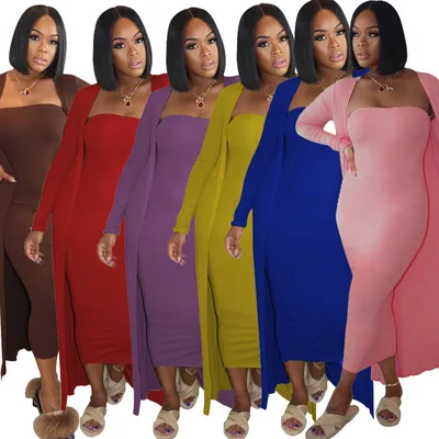 
B35069A 2021 Plus size Fall and winter fashion casual dress+robe 2 pcs clothes set 