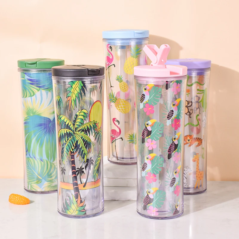 Acrylic Plastic Cups PVC Card Support Customization Plastic Skinny Tumbler  Water  Coffee Drinking Double Wall  with  Lid