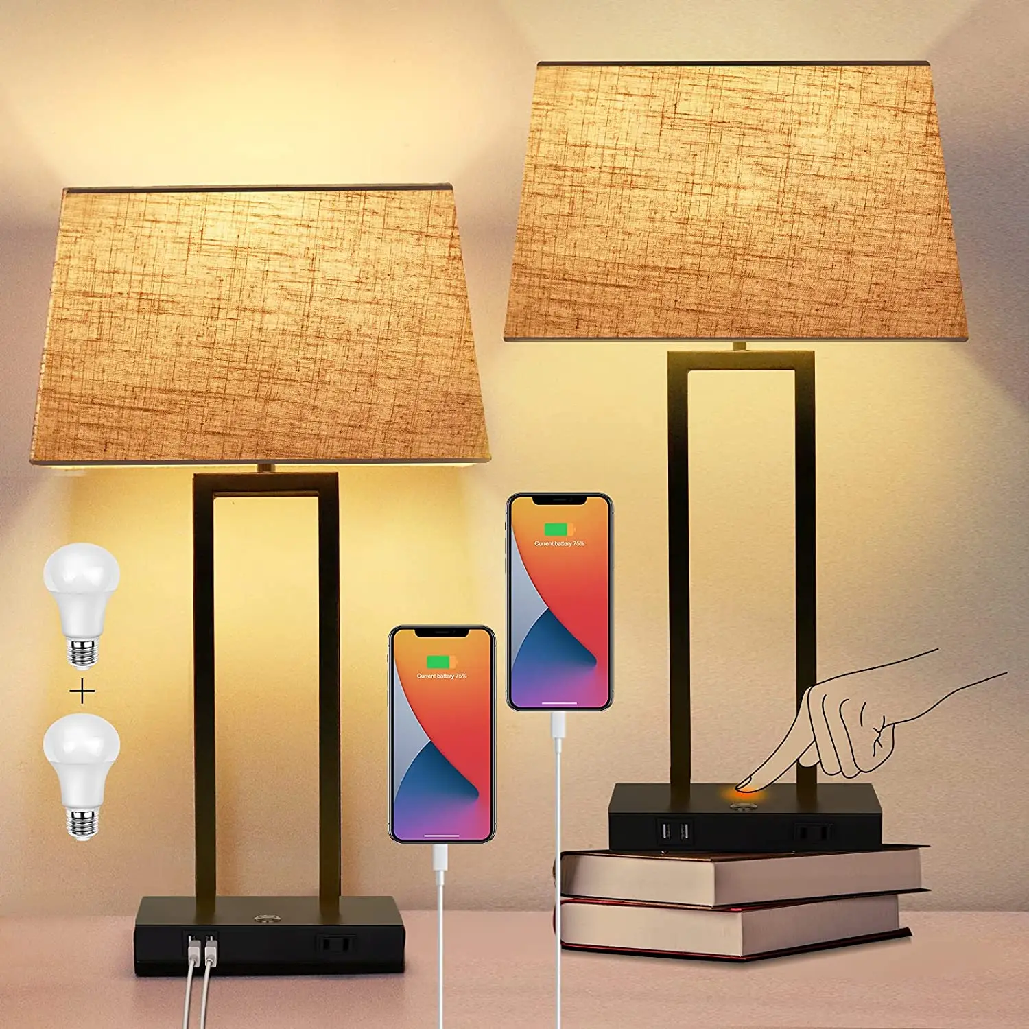 touch control bedside bedroom table lamp with USB charging ports diammable nightstand light for living room hotel study room