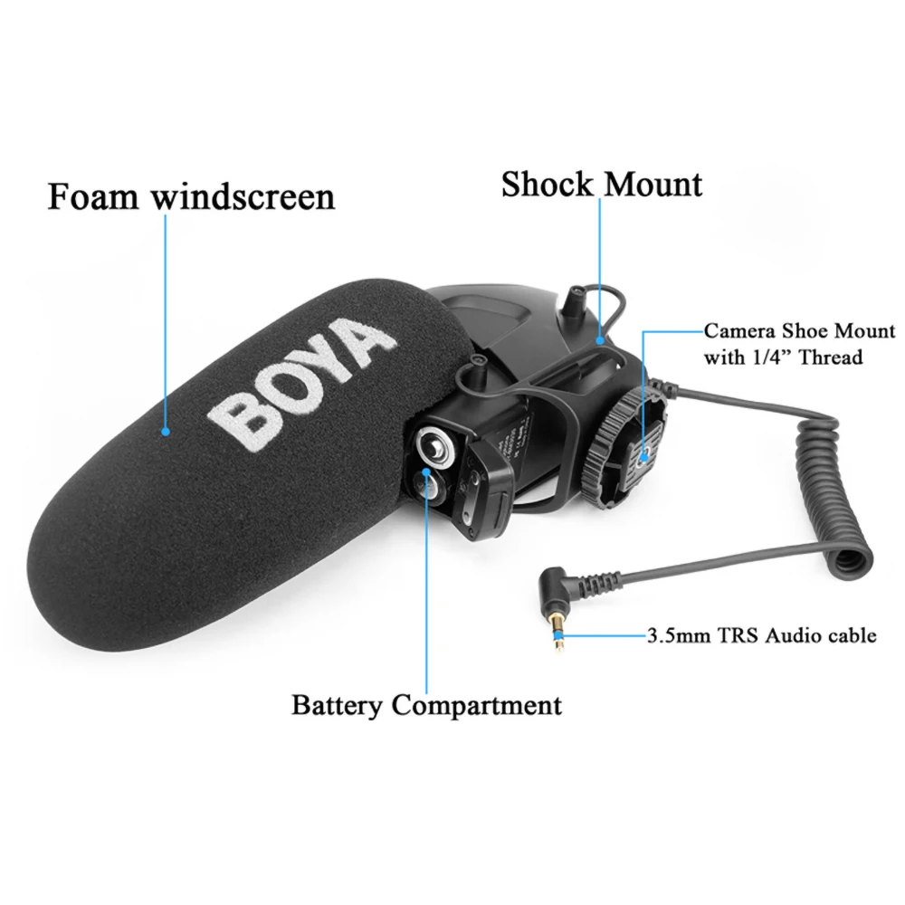 BOYA BY-BM3030 On-Camera Shotgun Microphone 3.5mm Headphone Jack for Canon Nikon Sony DSLR Camcorder Audio Recorder Video Mic