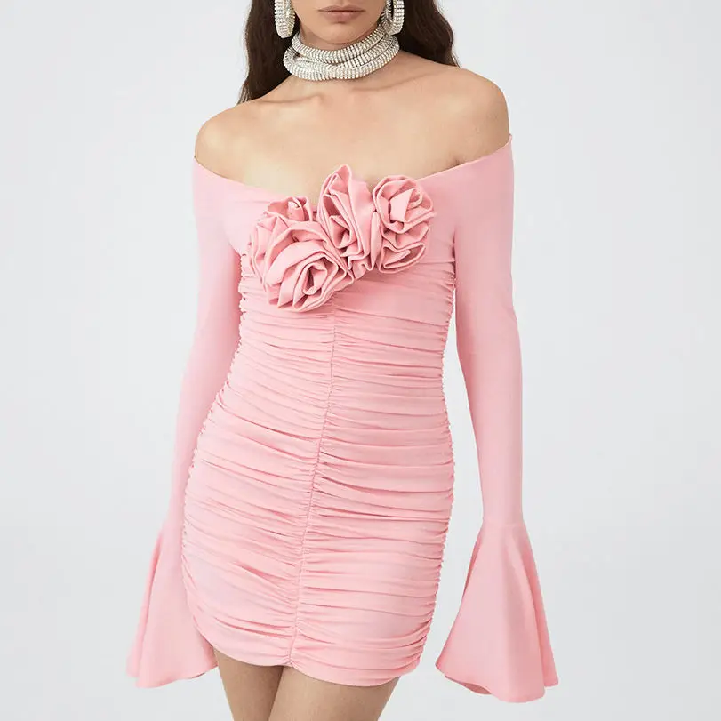 Women Pink Women Bell-Sleeve Dress 3D Floral Bodycon Mini Party Club Dress