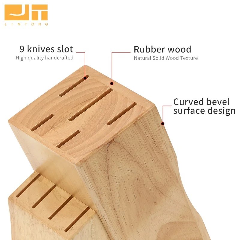 Factory Rubber Wood 9 Slots Knife Holder Surface Curved Bevel Kitchen Knife Storage Block Organizer