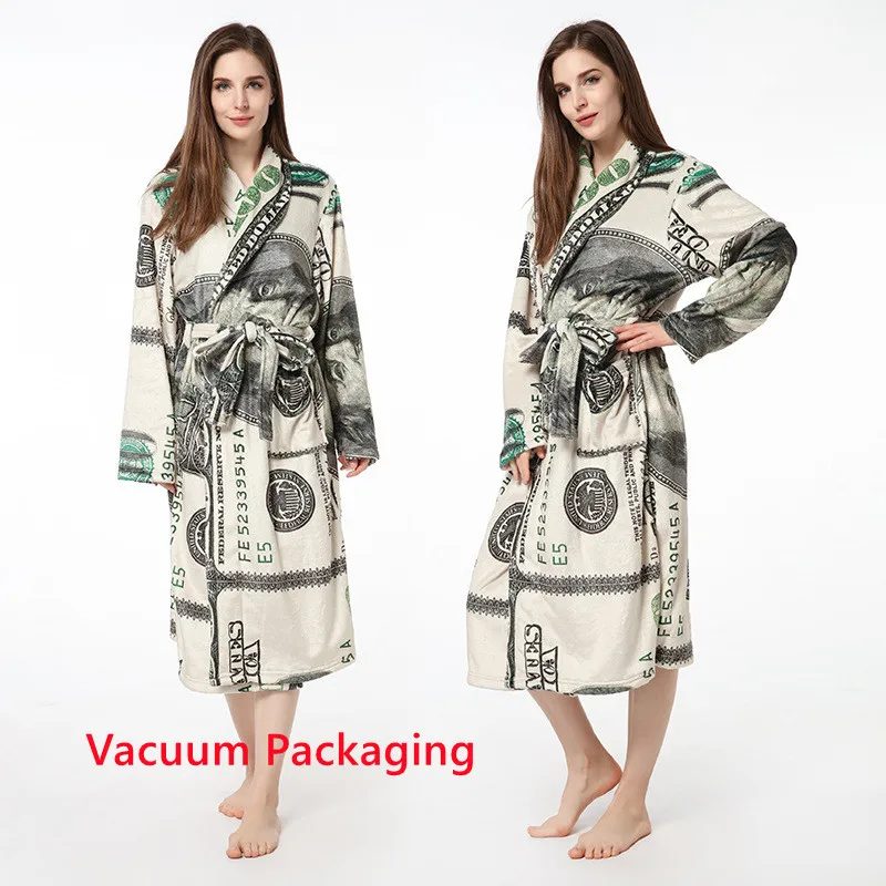 pijamas woman OEM ODM Wholesale Winter Dollar Print Cardigan With Hoodie Nightgown Unisex Comfy Flannel Money Pajamas Robe