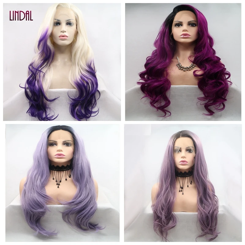 Platinum Blonde Ombre Purple Synthetic Lace Front Wig for Black Women Long Wavy Wigs Heat Resistant Fiber Hair