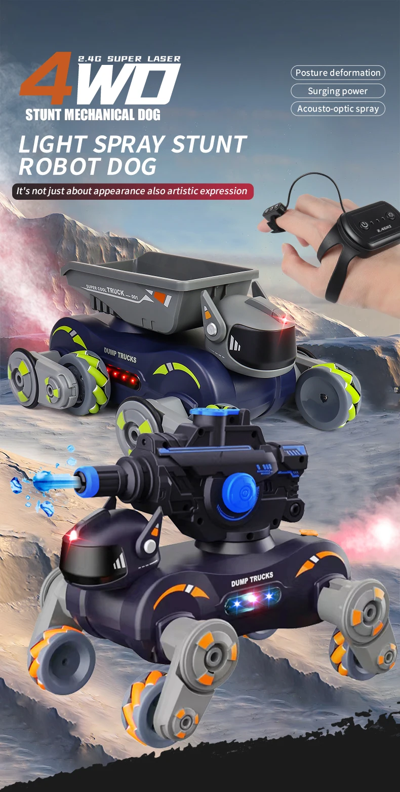 simulated nitrogen acceleration NOS spitfire effect multidirection walking music lights spray 2.4G  stunt mechanical dog