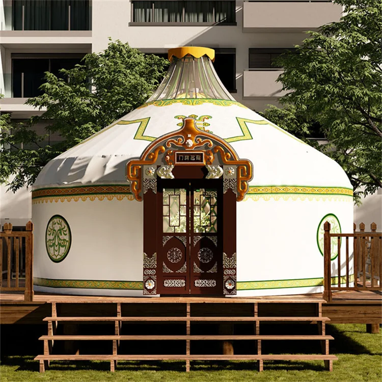 Outdoor Waterproof Wooden Mongolian Yurt House Canvas Glamping Tent with Bedroom and Stove