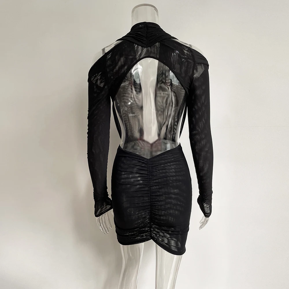 6503 Long sleeve lace mini dress deap-v sexy backless bodycon vestidos woman clothing fashionable party prom dresses