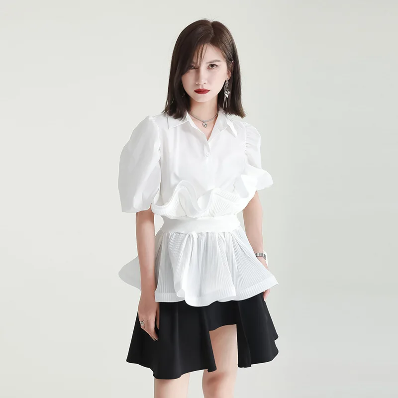 Pleated Ruffled Stitching Short-Sleeved Shirt Three-Dimensional Petal Corset Puff Sleeve Top Blouses Elegant Women 2022