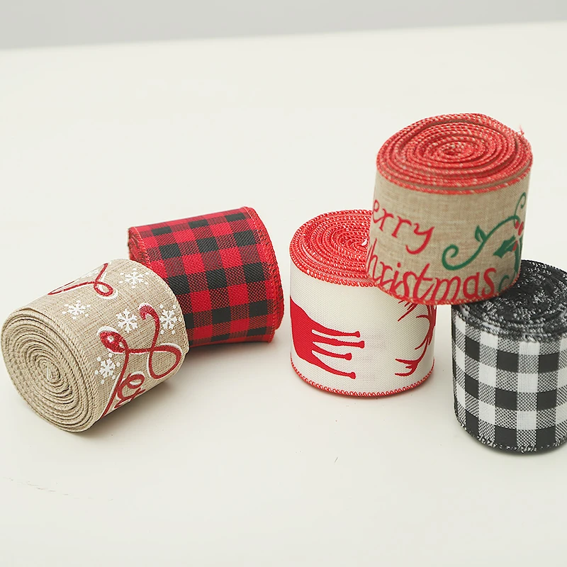 CR-B199B 6CM Wreaths Wrapping Crafts Decoration Wired Edge Cusotm Printed Merry Christmas Gift Ribbon For Christmas