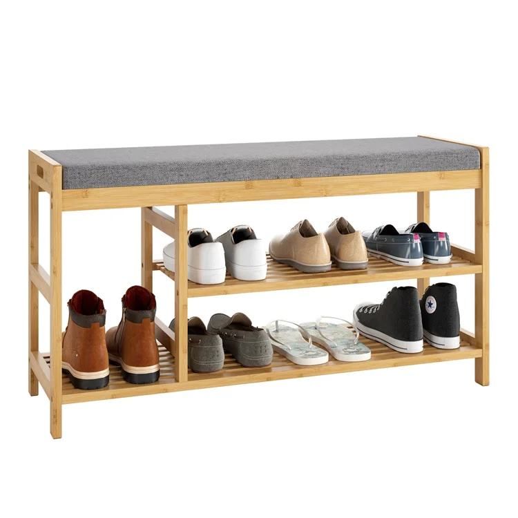 2024 Modern entry way 3-Tier Bamboo Shoe Rack bench with cushion
