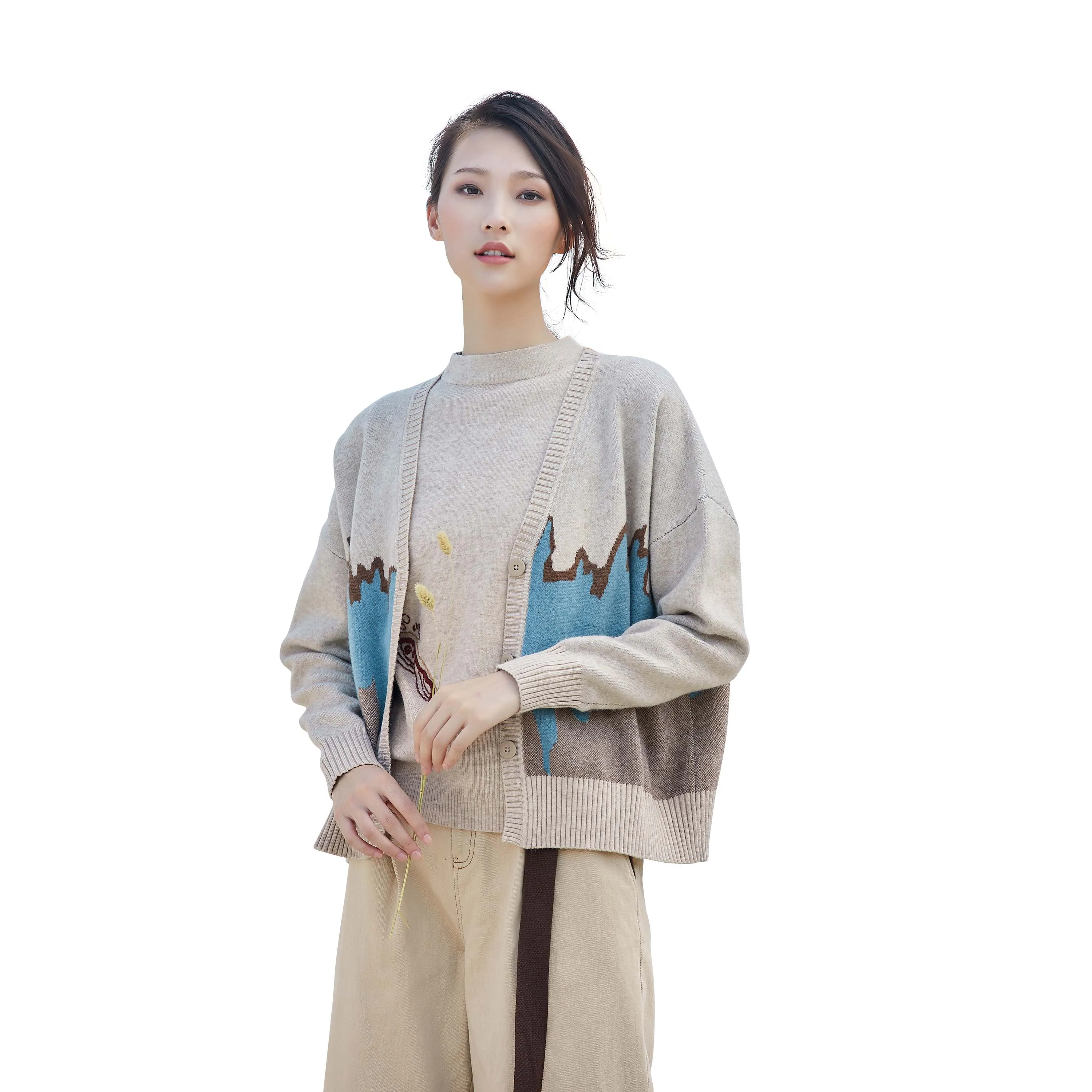 
2020 Autumn ladies sweater coat landscape print pattern popular style 