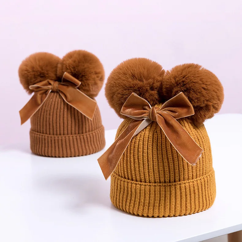 Cute Winter Warm Kids Baby Girls Boys Knitted Two Poms Skull Hats Cotton Lined Baby Double Pom Pom Beanie With Velvet Bowknot