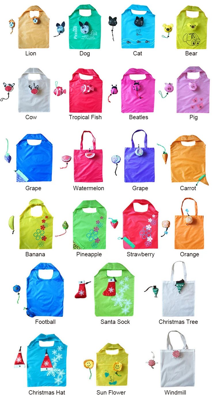 low MOQ custom folding bag into pouch fruit shopping bag brand logo printed promo gift bags banana grape lemon watermelon design