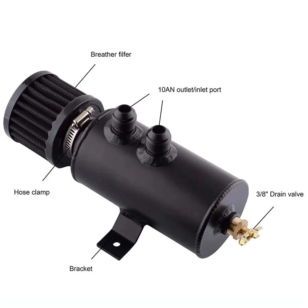AUSO 750ml Aluminum Auto Parts AN10 Twin Port Tank Can Filter Oil Catch Tank Reservoir Breather with Drain Valve YH012