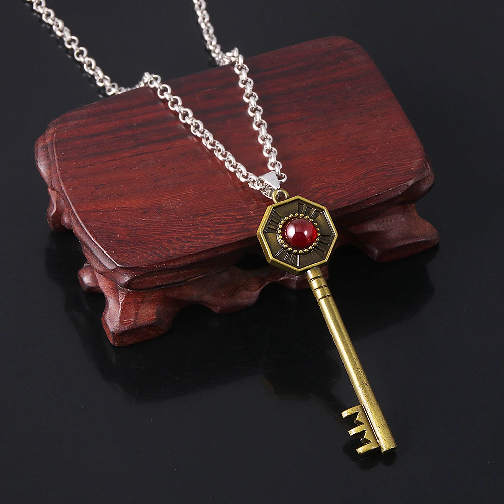 Bizarre Adventure Anime Cosplay Pendant Necklace Key Shape Inlay Ruby Bronze Color Jewelry Link Chain for Women Man Gifts