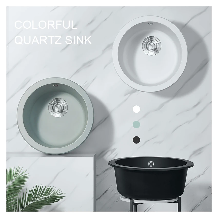 Круглый композитный кварцевый камень черный зеленый белый одна раковина для ванной комнаты Кухонное Верхнее Крепление Гранитная Кухонная Раковина