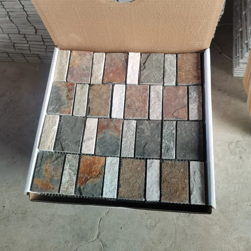 Cheap Chinese mix color Natural slate stone mosaic tile with mesh back for bathroom floor and shower room wall tiles