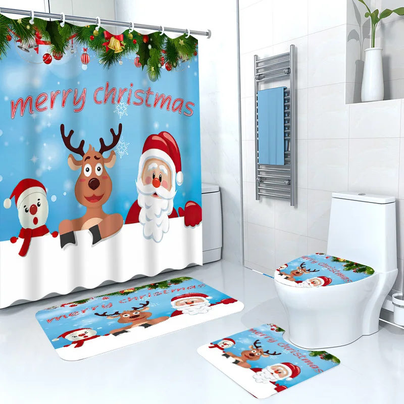 Wholesale Shower Curtain Set For Bathroom, 4 Pieces Bathroom Curtain Set, Christmas Bathroom Sets With Shower Curtain And Rugs