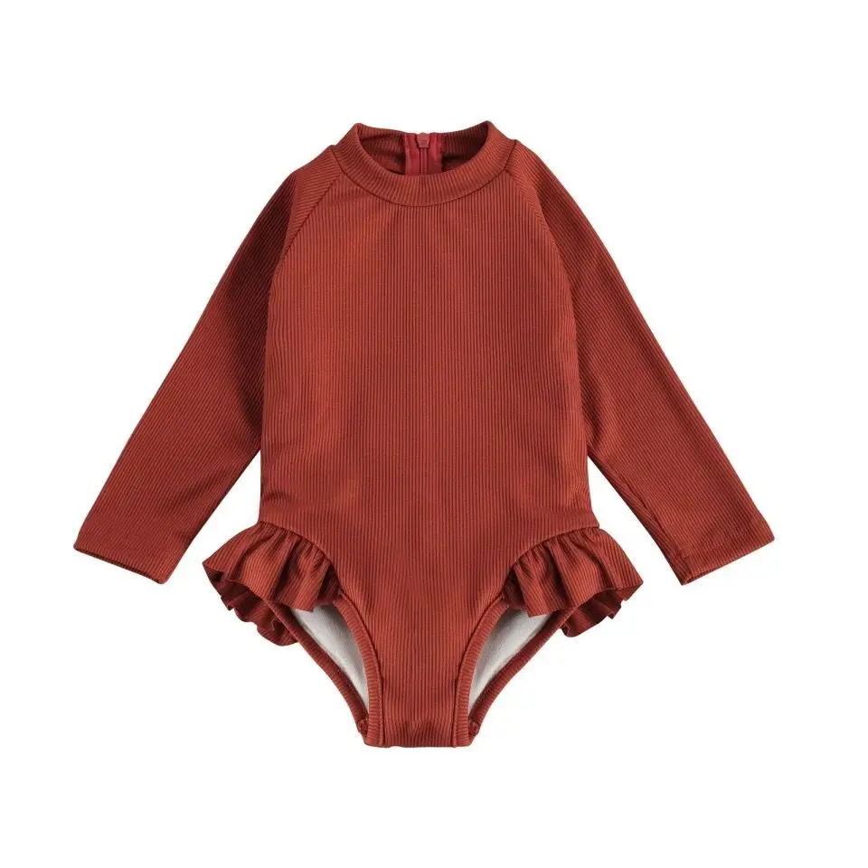 Kids Baby Girl One Piece Swimsuit Long Sleeve Round Neck Back Zipper Monokini Children Swimwear Ruffles Ribbed Bathing Suit