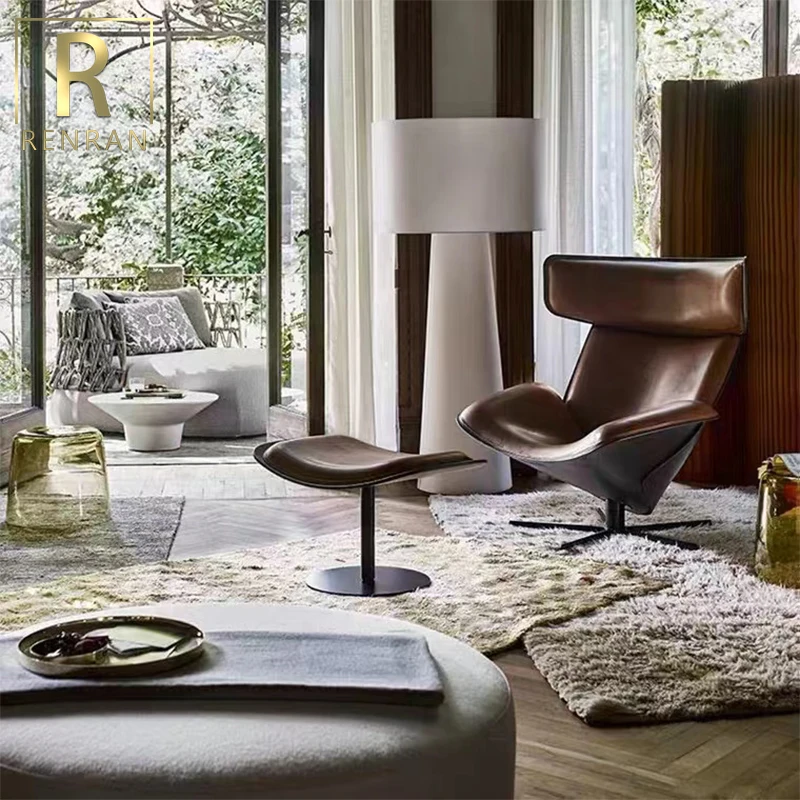 latest Italian design luxury home furniture accent chair elegant metal modern single revolving lounge chair with stool