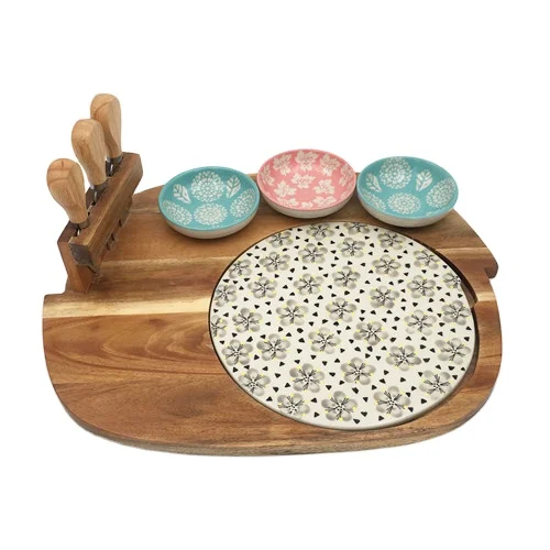 Handmade ceramic cutting board with cheese tools and 3 ceramic dishes with knife set