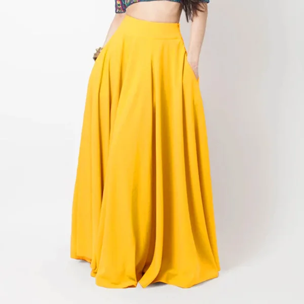 Plus Size Women Casual Long Maxi Skirt Solid Color High Waist Long Pleated Skirt With Pocket