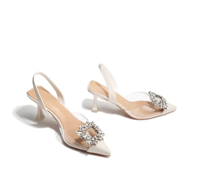 Naked Apricot Transparent Square Buckle Back Empty Wrapped Toe Thin Heel Career Interview Pointed High Heel Sandals For Women