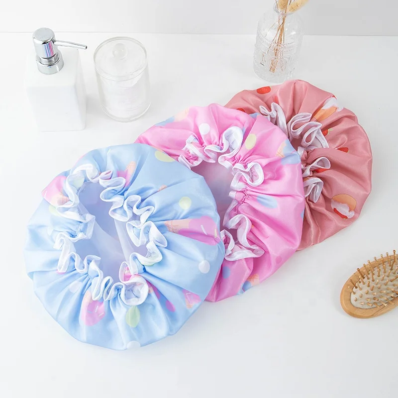Waterproof Bath Hat Double Layer Shower Hair Cover Women Supplies Shower Cap With Ice cream pattern