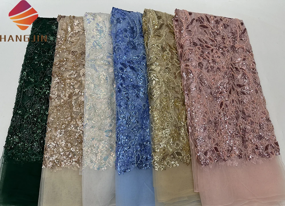 Hot Sale French Tulle Embroidered Net Fabric Luxury Handmade African Mesh Sequin Beaded Lace Fabrics For Nigeria Wedding Dress