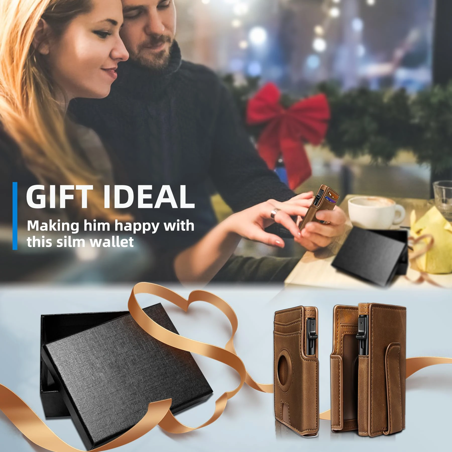 RFID Blocking Pop Up Metal Aluminum Card Box Wallet With Air Tag Slot Magnetic Front Pocket Genuine Leather Cardholders Wallet