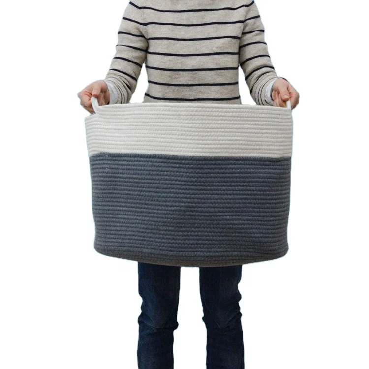 Extra Large Cotton Rope Basket with Leather Handles Woven Blanket Storage Basket