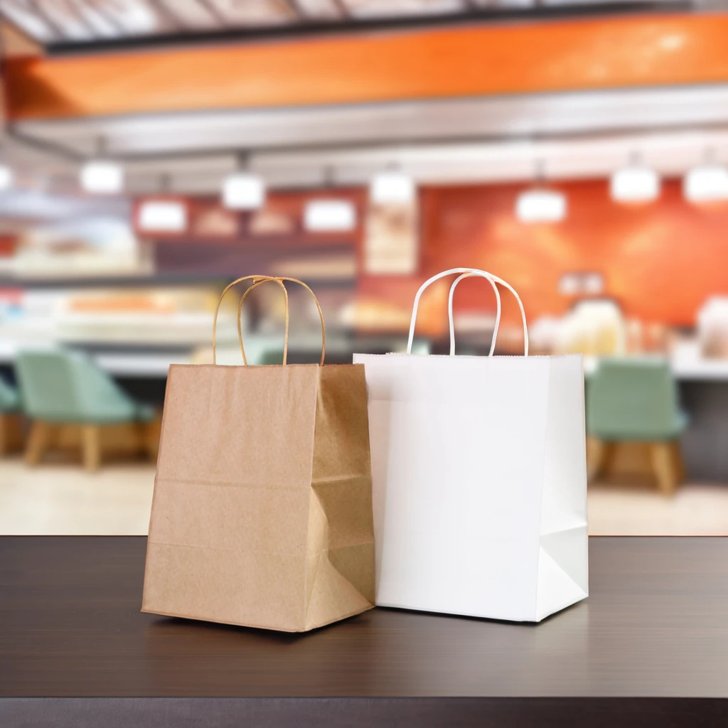 Белые черные сумки для еды на вынос водонепроницаемые пользовательские бумажные пакеты из крафт-бумаги с вашим собственным логотипом