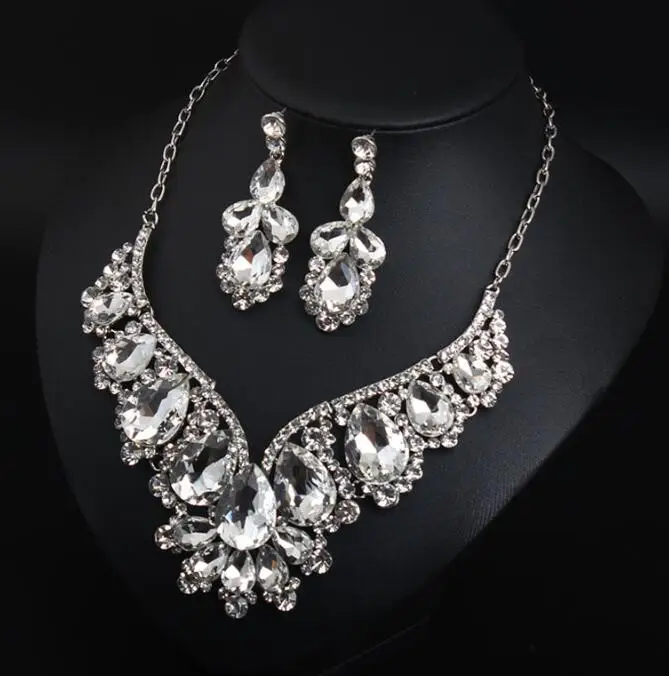 Cross-border Two-piece Crystal Jewel Earrings Wholesale Fancy Sets Jewelry Statement Necklace Set